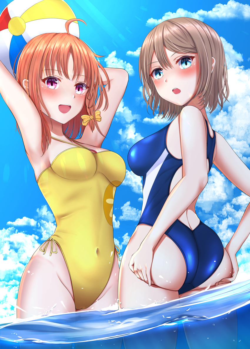 2girls absurdres ahoge ass ball beachball blue_eyes blue_sky braid brown_hair casual_one-piece_swimsuit cloud clover_hair_ornament commentary_request commission competition_swimsuit cowboy_shot hair_ornament hibika highleg highleg_swimsuit highres looking_at_viewer love_live! love_live!_sunshine!! multiple_girls one-piece_swimsuit orange_hair red_eyes ribbon short_hair side_braid sky soaking_feet swimsuit takami_chika watanabe_you water yellow_ribbon yellow_swimsuit