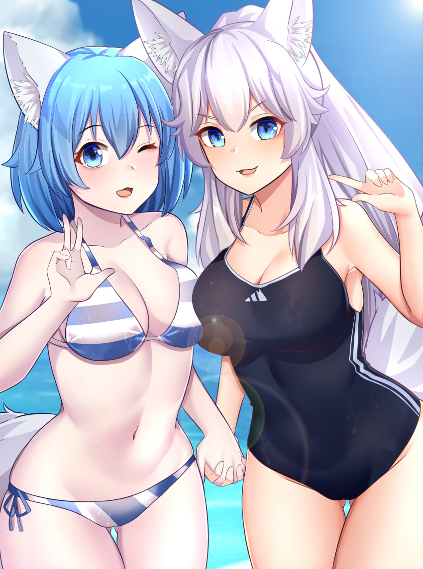 2girls absurdres animal_ear_fluff animal_ears bangs bare_shoulders bikini blue_eyes blue_hair breasts cleavage collarbone day english_commentary eyebrows_visible_through_hair highres holding_hands indie_virtual_youtuber interlocked_fingers long_hair looking_at_viewer lumi_(merryweather) multiple_girls navel ocean one_eye_closed open_mouth outdoors second-party_source sidelocks striped striped_bikini swimsuit tail v virtual_youtuber water white_hair wolf_ears wolf_girl wolf_tail wolfy wolfychu zeroyama