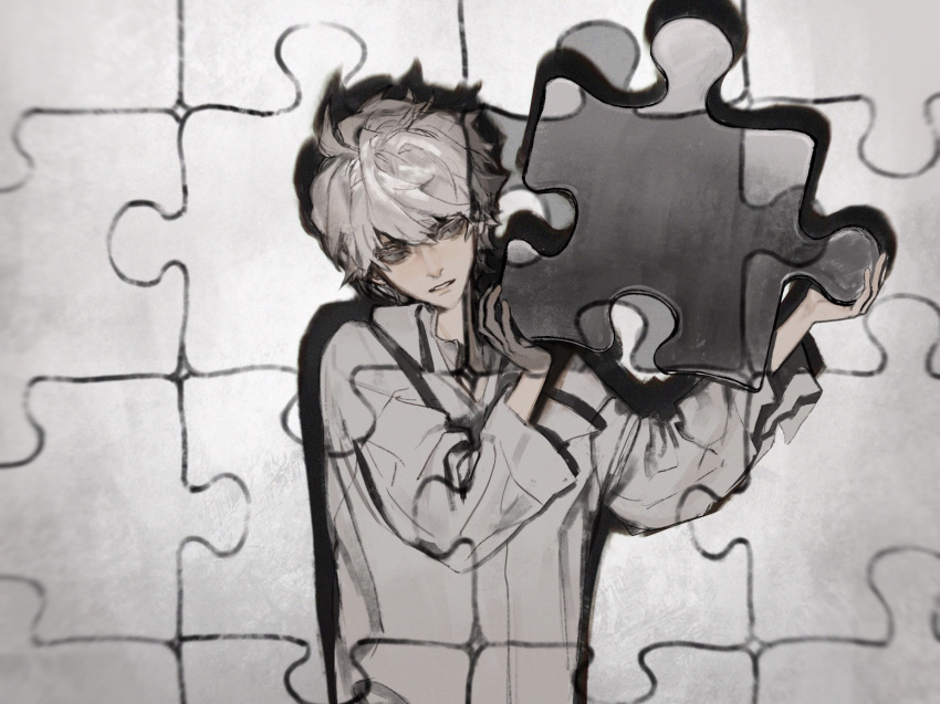 1boy baggy_clothes bangs collared_shirt death_note grey_eyes highres holding jigsaw_puzzle long_sleeves male_focus mvrl near puzzle puzzle_piece shirt short_hair silver_hair solo white_background white_hair