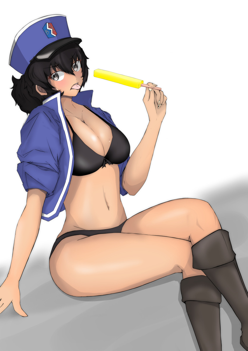 1girl absurdres andou_(girls_und_panzer) bangs bc_freedom_(emblem) bc_freedom_military_uniform bikini black_bikini black_eyes black_footwear black_hair blue_headwear blue_jacket boots bow bow_bikini breasts brown_eyes cleavage commentary_request crossed_legs dark-skinned_female dark_skin emblem food girls_und_panzer hat highres holding holding_food jacket kepi knee_boots large_breasts long_sleeves looking_at_viewer medium_hair messy_hair military military_hat military_uniform navel no_pants partial_commentary popsicle shibainutank sitting sleeves_rolled_up solo swimsuit tongue tongue_out uniform white_background