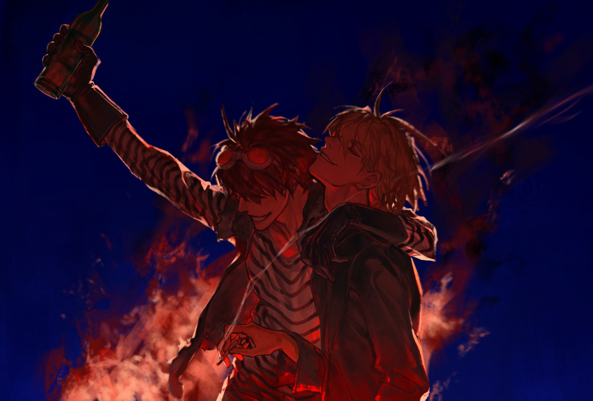 2boys alcohol beer black_jacket blonde_hair blue_background blue_eyes brown_hair cigarette closed_eyes death_note drink explosion fire gloves goggles goggles_on_head happy highres jacket long_sleeves male_focus matt medium_hair mello multiple_boys mvrl shirt short_hair smile smoke smoking striped striped_shirt vest vest_over_shirt