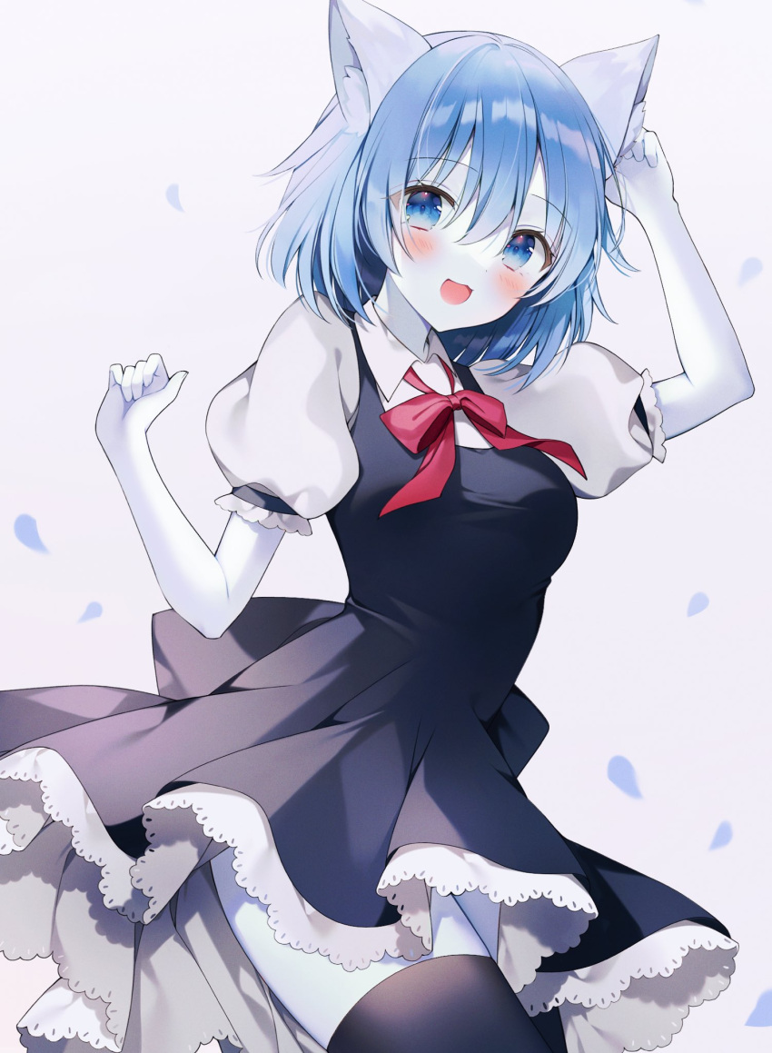 1girl animal_ears bangs black_dress black_legwear blue_eyes blue_hair blush bow bowtie colored_skin dress eyebrows_visible_through_hair highres juliet_sleeves long_sleeves looking_at_viewer open_mouth puffy_sleeves red_bow red_neckwear second-party_source short_hair solo thighhighs virtual_youtuber weri white_skin wing_collar wolf_ears wolf_girl wolfy wolfychu