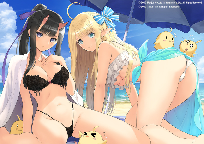 2girls all_fours aqua_eyes ass azur_lane beach bent_over bikini black_hair blonde_hair blue_eyes breasts centaur_(azur_lane) cleavage frilled_bikini frills green_eyes hand_on_own_chest hanging_breasts highleg highleg_bikini horns lace large_breasts looking_at_viewer multiple_girls navel pointy_ears ponytail ryuuhou_(azur_lane) skirt smile spread_legs swimsuit thighs tony_taka underboob