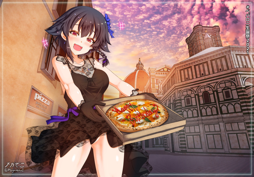 1girl aquaegg black_hair blush braid breasts brown_eyes cleavage collarbone covered_nipples earrings eyebrows_visible_through_hair food girls_und_panzer happy_birthday highres jewelry large_breasts looking_at_viewer no_panties open_mouth outdoors pepperoni_(girls_und_panzer) pizza shiny shiny_hair short_hair smile solo