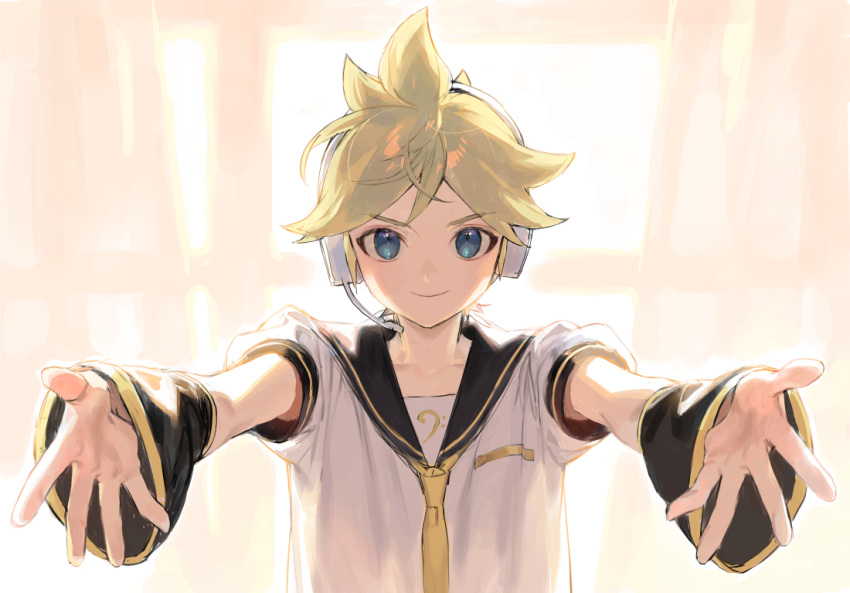 1boy arm_warmers backlighting bass_clef black_collar blonde_hair blue_eyes collar commentary curtains headphones incoming_hug kagamine_len looking_at_viewer male_focus naoko_(naonocoto) necktie outstretched_arms sailor_collar school_uniform shirt short_sleeves smile solo spiked_hair upper_body vocaloid white_shirt window yellow_neckwear