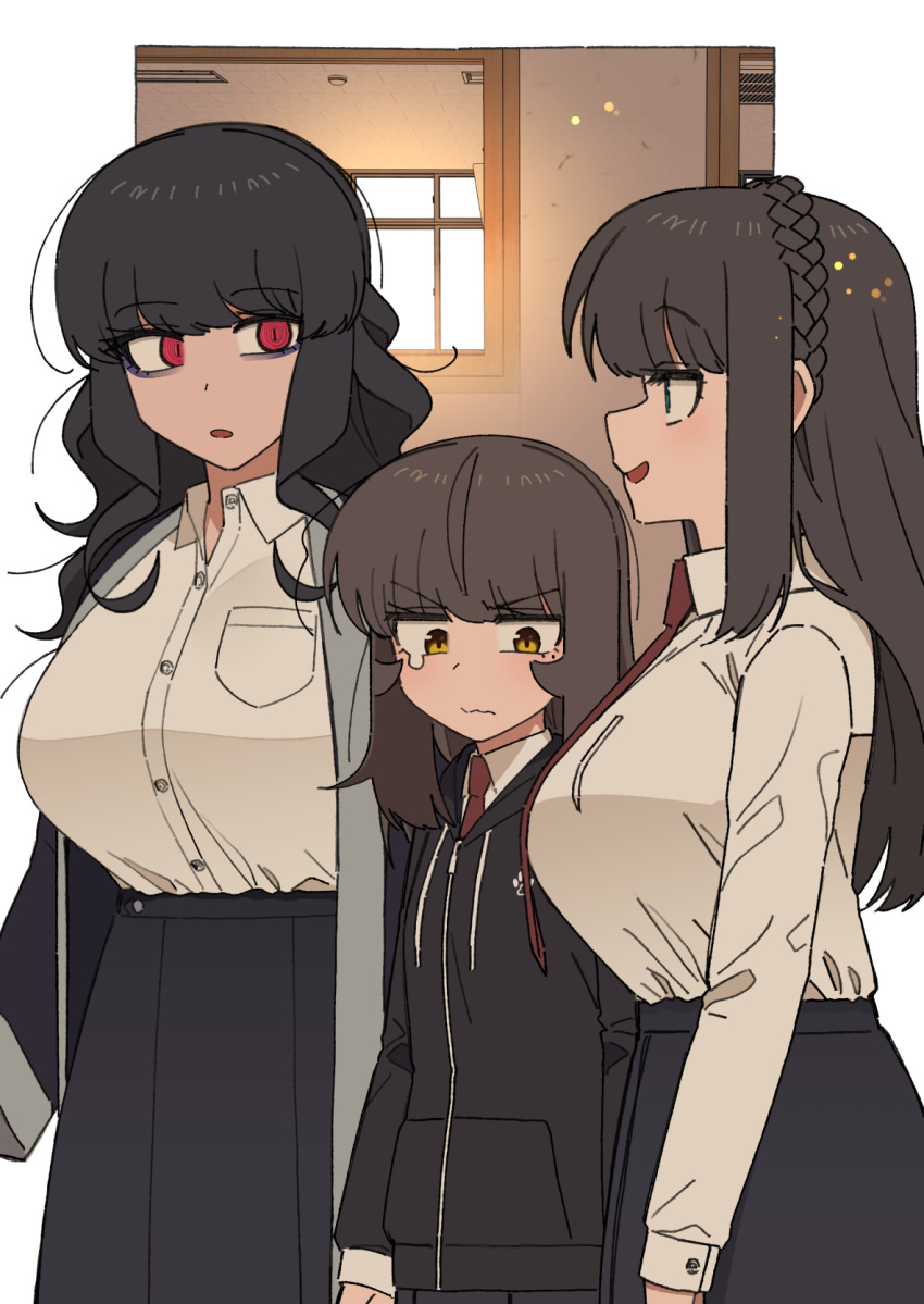 3girls :o :s bags_under_eyes bangs border braid breast_pocket breasts brown_hair buttons collared_shirt eyebrows_visible_through_hair glaring high-waist_skirt highres indoors large_breasts looking_at_breasts medium_hair multiple_girls nakta necktie open_mouth original pleated_skirt pocket red_eyes red_neckwear school_uniform shirt skirt sweater tearing_up uniform white_border white_shirt window yellow_eyes zipper