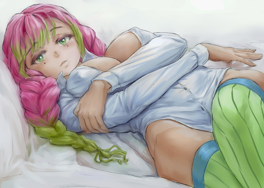 1girl bed_sheet breasts cleavage collared_shirt eyebrows_visible_through_hair eyeshadow gradient_hair green_eyes green_hair green_legwear highres iskanderednaksi kanroji_mitsuri kimetsu_no_yaiba large_breasts looking_at_viewer lying makeup mole mole_under_eye multicolored_hair no_pants on_back partially_unbuttoned pink_hair pose shirt simple_background solo thighhighs tri_braids unbuttoned unbuttoned_shirt white_background white_shirt