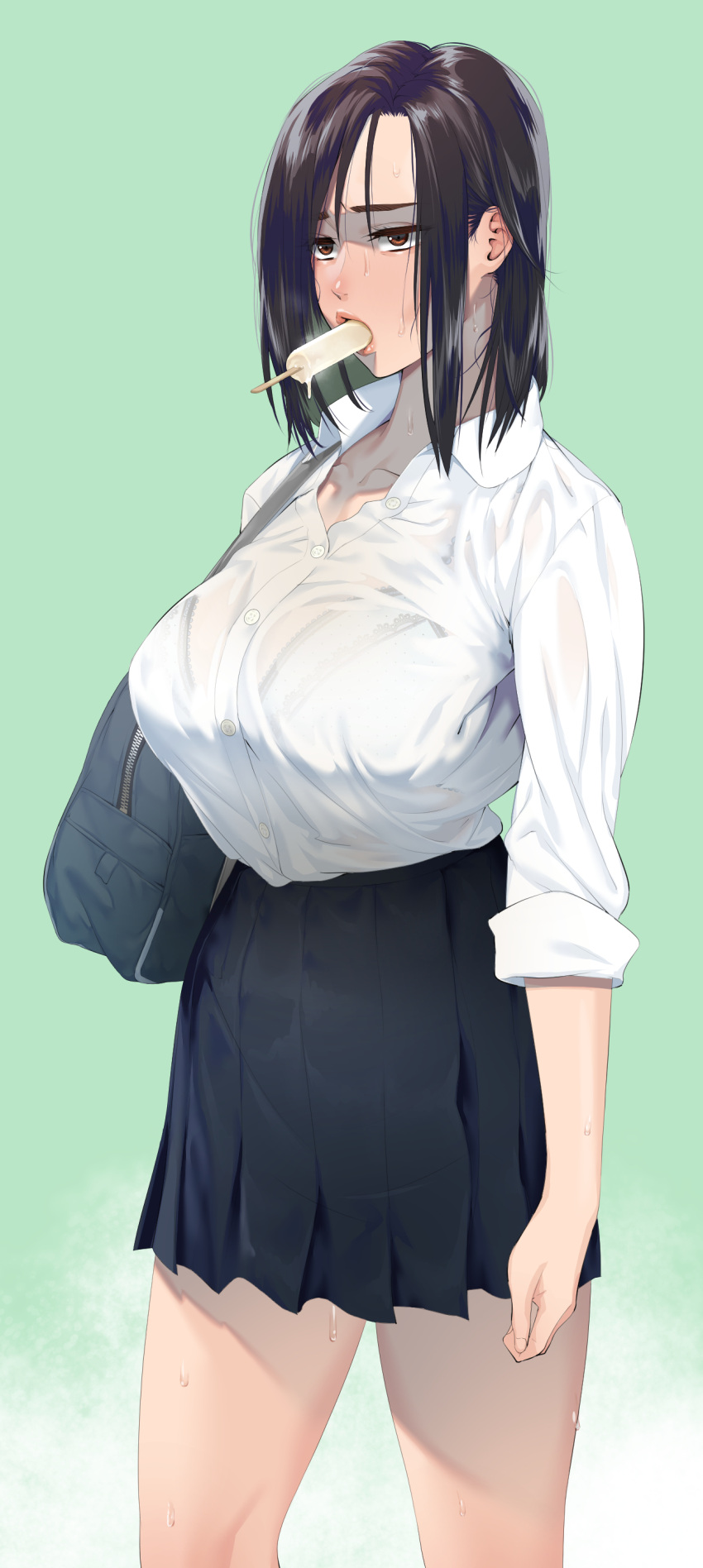 1girl absurdres bag black_skirt bra_through_clothes bralines breasts brown_eyes brown_hair food gradient gradient_background green_background highres hiki_togu in_mouth large_breasts medium_hair original pleated_skirt popsicle school_bag school_uniform see-through shirt shirt_tucked_in skirt sleeves_rolled_up standing sweat thighs uniform wet wet_clothes wet_shirt