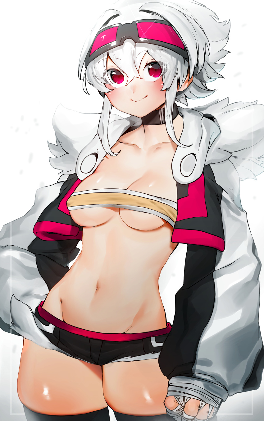 1girl absurdres bandaged_hands bandages bandeau bangs black_shorts blush breasts choker cleavage closed_mouth cropped_jacket crossed_bangs goggles goggles_on_head hair_between_eyes hand_on_hip highres jacket long_sleeves looking_at_viewer medium_breasts medium_hair micro_shorts navel niwamaru_(niwarhythm) niwarhythm open_clothes open_jacket original red_eyes shorts sleeves_past_wrists smile solo standing stomach white_hair