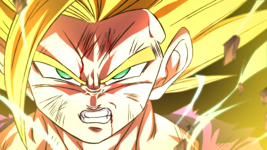 1boy angry aura battle_damage blonde_hair blood blood_from_mouth blood_on_face clenched_teeth dougi dragon_ball dragon_ball_z electricity green_eyes looking_at_viewer male_focus rom_(20) solo son_gohan spiked_hair super_saiyan super_saiyan_2 teeth torn_clothes upper_body