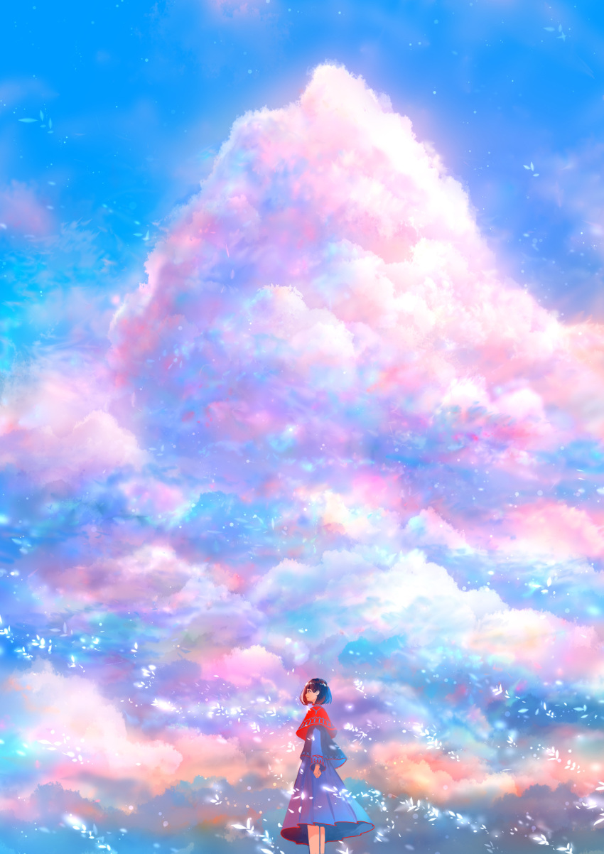 1girl bangs black_hair blue_dress cloud cloudy_sky dress feet_out_of_frame highres long_sleeves looking_to_the_side original outdoors red_shawl sakimori_(hououbds) scenery shawl short_hair sky solo standing wind