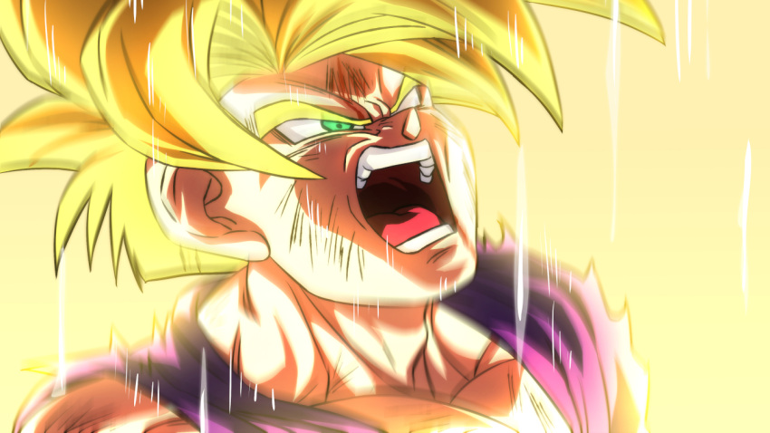 1boy angry battle_damage blonde_hair dougi dragon_ball dragon_ball_z green_eyes male_focus open_mouth rom_(20) screaming solo son_gohan spiked_hair super_saiyan super_saiyan_1 torn_clothes transformation upper_body