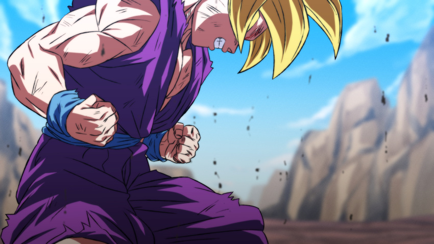 1boy battle_damage blonde_hair blue_sky blurry blurry_background clenched_teeth dougi dragon_ball dragon_ball_z male_focus rom_(20) sash sky solo son_gohan spiked_hair super_saiyan super_saiyan_1 teeth torn_clothes wristband