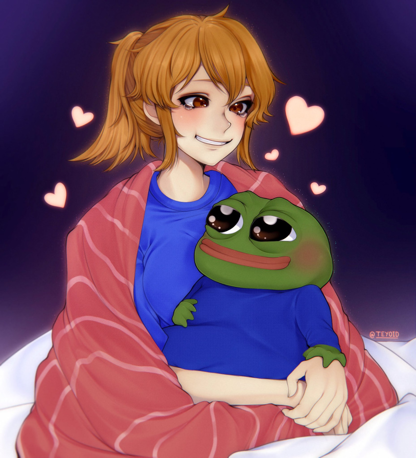 1boy 1girl bangs blanket blue_shirt brown_hair heart highres hug meme original parted_lips pepe_the_frog ponytail shirt sidelocks sitting smile teyoid twitter_username