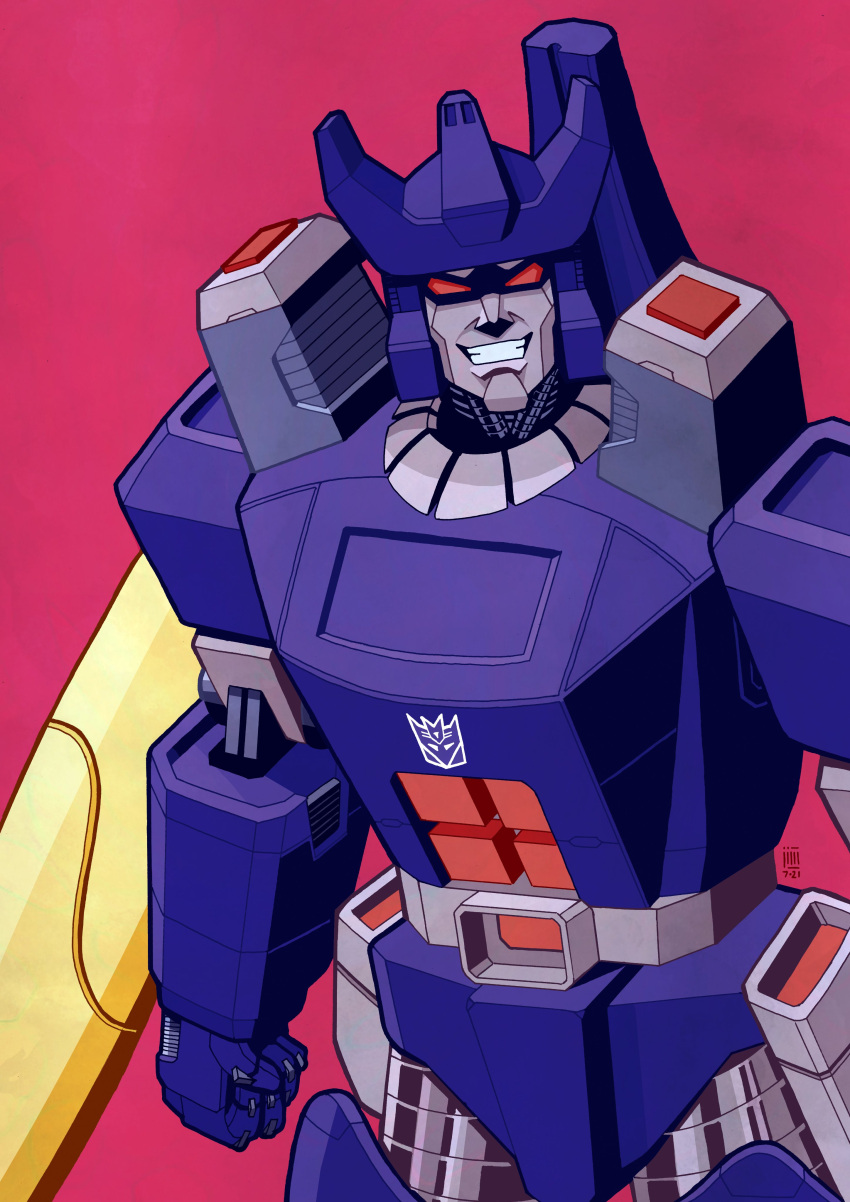 1boy absurdres arm_cannon clenched_hand clenched_teeth decepticon galvatron highres insignia jim_stafford looking_at_viewer mecha no_humans red_background red_eyes solo teeth transformers weapon
