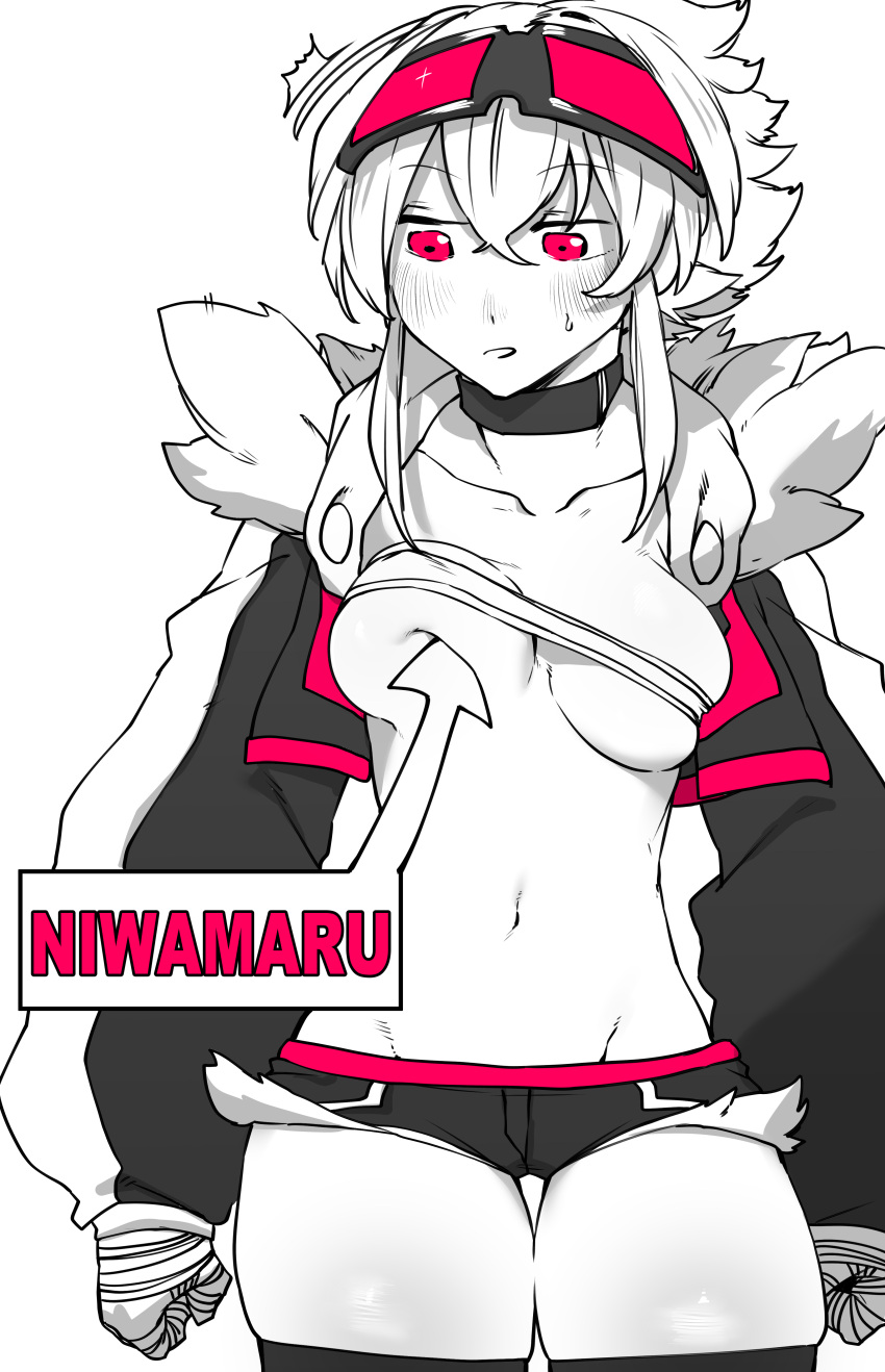 1girl ^^^ absurdres arrow_(symbol) bandaged_hands bandages bandeau blush breast_lift breasts character_name choker clenched_hands cowboy_shot cropped_jacket goggles goggles_on_head hair_between_eyes highres jacket long_sleeves looking_down medium_breasts medium_hair micro_shorts navel niwamaru_(niwarhythm) niwarhythm open_clothes open_jacket original red_eyes shorts simple_background solo standing stomach sweatdrop thigh_gap white_background