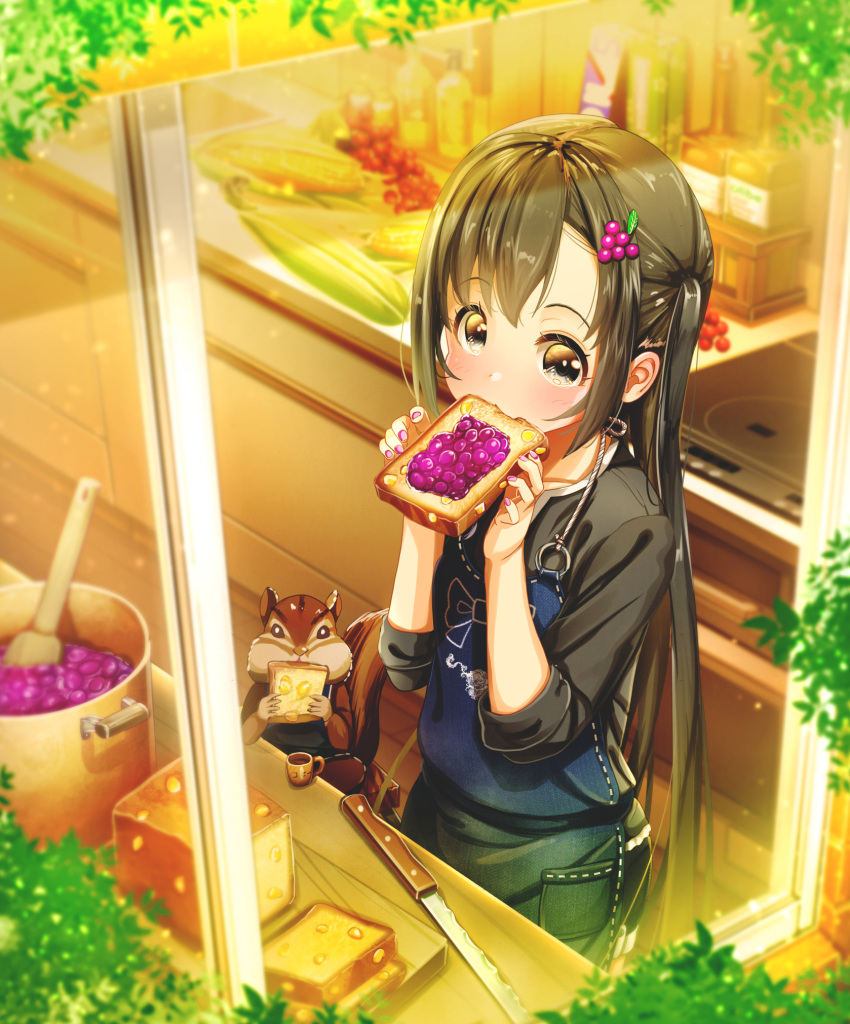 1girl abo_(kawatasyunnnosukesabu) apron black_eyes black_hair blurry bread_knife corn depth_of_field eating food food-themed_hair_ornament grape_hair_ornament hair_ornament highres jam kitchen long_hair looking_at_viewer nail_polish original pot squirrel toast window