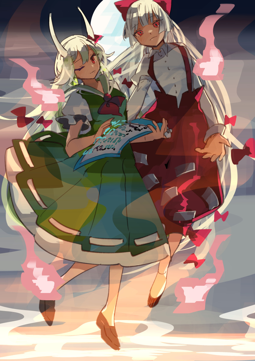 2girls absurdres bow dress ex-keine eyebrows_visible_through_hair fujiwara_no_mokou full_moon green_dress green_hair hair_between_eyes hair_bow hair_ribbon highres hitodama horn_ornament horn_ribbon horns kamishirasawa_keine long_hair long_sleeves looking_at_viewer moon multicolored_hair multiple_girls ofuda ofuda_on_clothes one_eye_closed outstretched_arm pants red_eyes red_pants red_ribbon ribbon scroll shi_chimi shirt short_sleeves smile suspenders touhou two-tone_hair white_hair white_shirt