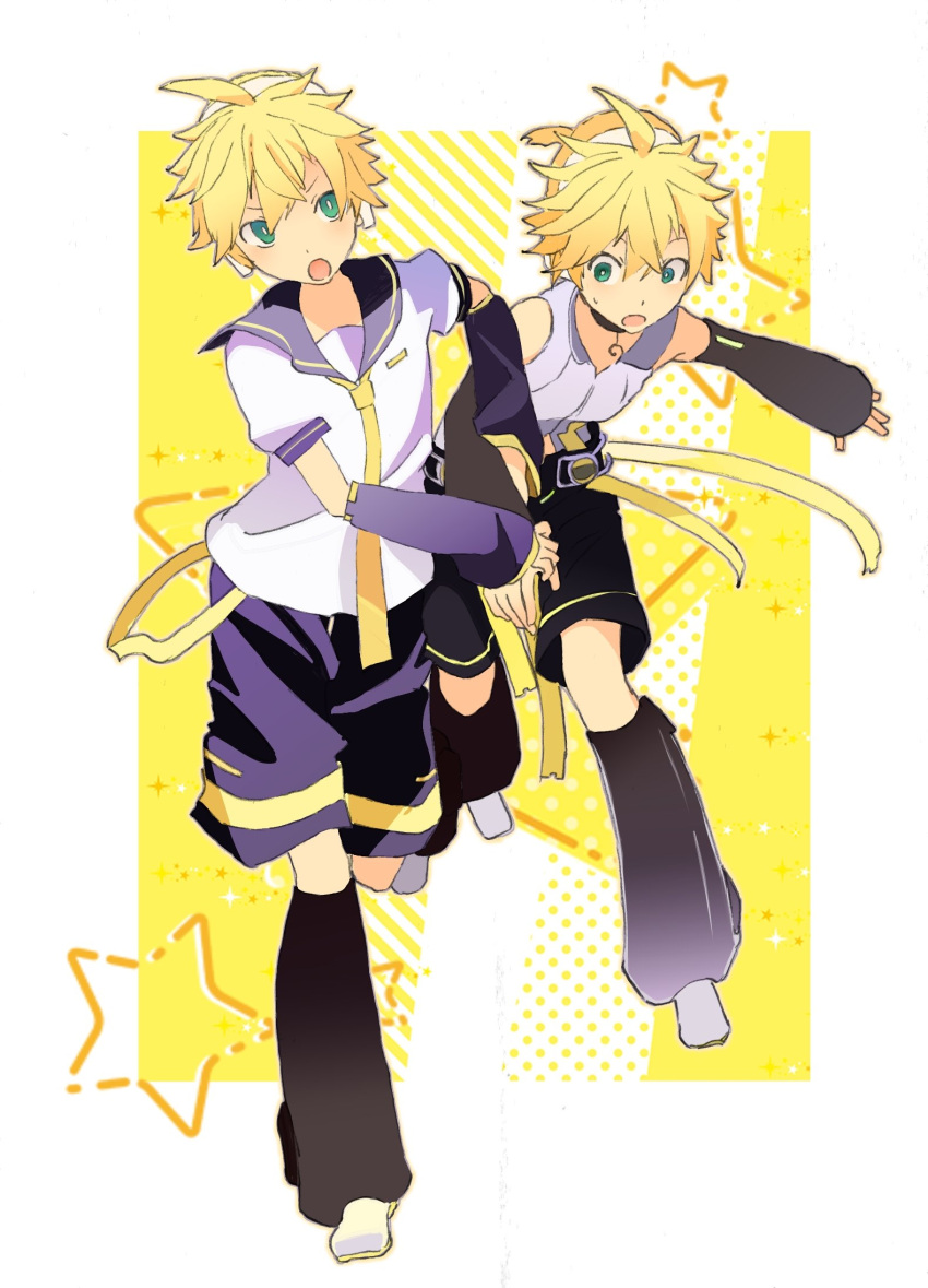 2boys arm_warmers bass_clef belt black_collar black_legwear black_shorts black_sleeves blonde_hair border collar collared_shirt commentary d_futagosaikyou detached_sleeves dual_persona green_eyes headphones highres holding_another's_arm kagamine_len kagamine_len_(append) leg_warmers male_focus multiple_boys necktie open_mouth pendant_choker pulled_by_another pulling running sailor_collar school_uniform shirt short_ponytail shorts sleeveless sleeveless_shirt spiked_hair standing star_(symbol) v-shaped_eyebrows vocaloid vocaloid_append white_border white_shirt wide-eyed yellow_background yellow_neckwear