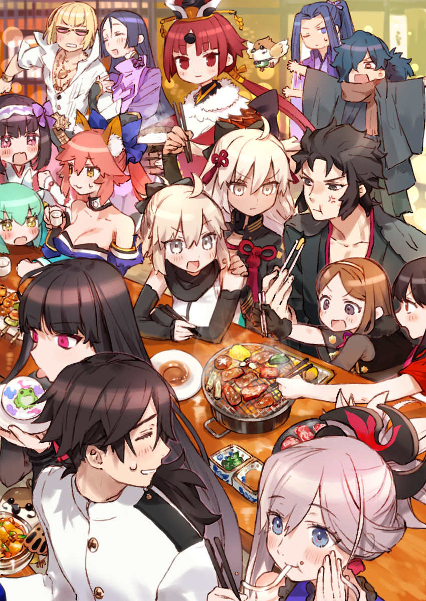 5boys 6+girls absurdres ahoge animal animal_ears bangs benienma_(fate) bird black_eyes black_hair blonde_hair blush breasts brown_hair chacha_(fate) chopsticks closed_eyes eating fate/grand_order fate_(series) fox_ears grey_eyes hair_ribbon hairband highres hijikata_toshizou_(fate) holding holding_chopsticks huge_filesize japanese_clothes kimono kiyohime_(fate) long_hair minamoto_no_raikou_(fate) miyamoto_musashi_(fate) multiple_boys multiple_girls nekoyashiki_pushio oda_nobunaga_(fate) oda_nobunaga_(fate)_(all) okada_izou_(fate) okita_souji_(alter)_(fate) okita_souji_(fate) okita_souji_(fate)_(all) open_mouth oryou osakabe-hime_(fate) pink_hair ponytail purple_eyes red_eyes ribbon sakamoto_ryouma_(fate) sakata_kintoki_(fate) sasaki_kojirou_(fate) scarf short_hair silver_hair sitting smile sparrow standing sunglasses tamamo_(fate) tamamo_no_mae_(fate/extra) udon yakiniku yellow_eyes