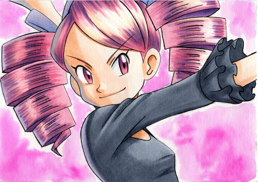 1girl black_dress closed_mouth commentary_request dress drill_hair eyebrows_visible_through_hair eyelashes frills hair_ribbon highres long_hair oka_mochi outstretched_arm pink_background pokemon pokemon_(anime) pokemon_dppt_(anime) purple_eyes purple_hair purple_ribbon ribbon shiny shiny_hair sleeves_past_elbows smile solo traditional_media twin_drills twintails upper_body ursula_(pokemon) v-shaped_eyebrows