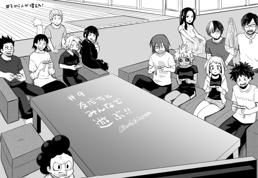 4girls 6+boys ashido_mina bangs boku_no_hero_academia breasts buthikireta clenched_teeth commentary_request couch glasses greyscale grin holding hood hood_down iida_tenya indoors jirou_kyouka joy-con kaminari_denki kirishima_eijirou medium_breasts midoriya_izuku mineta_minoru monochrome motion_lines multiple_boys multiple_girls numbered ojiro_mashirao pants playing_games satou_rikidou sero_hanta shirt short_hiar short_sleeves sitting smile teeth todoroki_shouto translation_request twitter_username uraraka_ochako yaoyorozu_momo