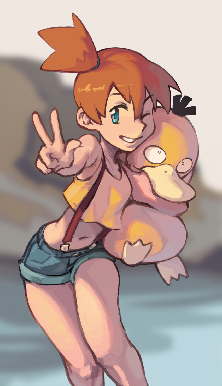 1girl 1other ;) absurdres arms_around_neck blue_eyes blue_shorts blurry blurry_background breasts crop_top denim denim_shorts highres holding holding_pokemon misty_(pokemon) one_eye_closed orange_hair piku184 pokemon pokemon_(anime) pokemon_(classic_anime) pokemon_(creature) psyduck shorts side_ponytail sleeveless small_breasts smile suspender_shorts suspenders v