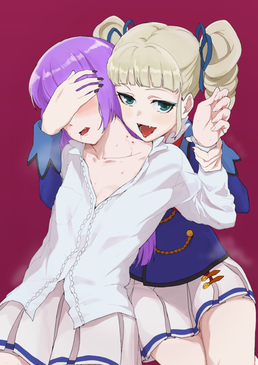 2girls aikatsu! aikatsu!_(series) black_nails blonde_hair blood blue_jacket blush buttons character_request covered_eyes covering_another's_eyes double-breasted dress_shirt drill_hair drinking_blood eyeshadow fangs fingernails green_eyes highres jacket long_sleeves looking_at_viewer makeup miniskirt multiple_girls nail_polish open_mouth osame parted_lips red_background sanpaku shirt simple_background skirt smile tongue tongue_out toudou_yurika twin_drills twintails vampire white_shirt white_skirt wrist_grab