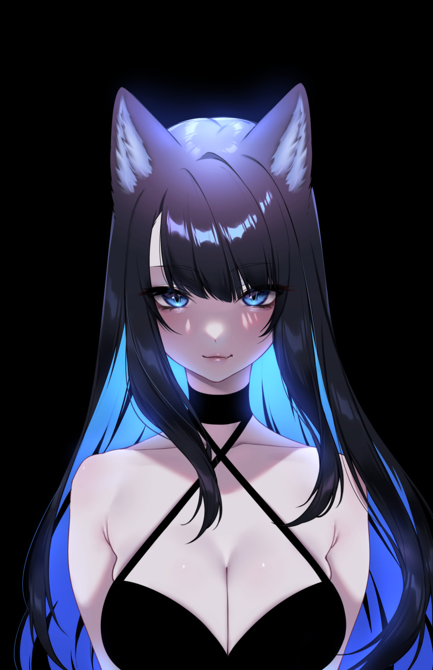 1girl absurdres animal_ears bangs bare_shoulders black_background black_choker black_hair blue_eyes blue_hair blush breasts cat_ears choker cleavage closed_mouth colored_inner_hair commentary criss-cross_halter cross-laced_clothes cross-laced_cutout english_commentary eyebrows_visible_through_hair fang fang_out halterneck highres large_breasts lips long_hair looking_at_viewer multicolored_hair original reiko_(tofuubear) simple_background smile solo standing tofuubear two-tone_hair upper_body