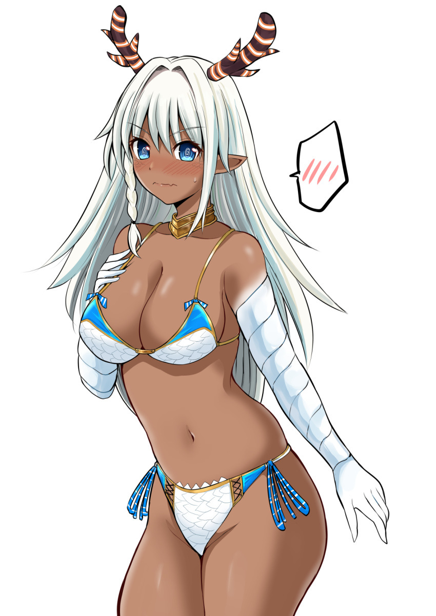 1girl bikini blue_eyes blush braid breasts cowboy_shot dark-skinned_female dark_skin dragon_girl dragon_horns fang highres horns indie_virtual_youtuber large_breasts long_hair navel pointy_ears scales seiryuu_aoi side_braid silver_hair skin_fang solo spoken_blush sweatdrop swimsuit virtual_youtuber yano_toshinori