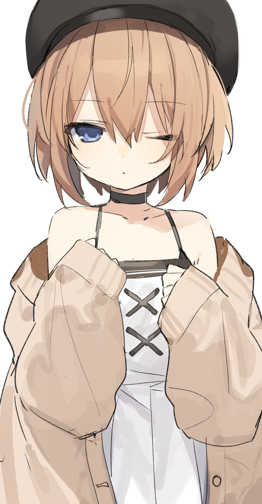 1girl absurdres blanc blue_eyes brown_hair buran_buta coat dress flat_chest hair_between_eyes hat highres looking_at_viewer neptune_(series) one_eye_closed short_hair simple_background solo white_background white_dress