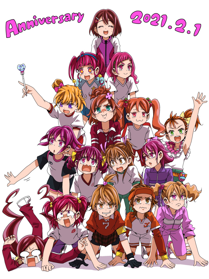 +_+ 6+girls :3 :i absurdres aida_mana aino_megumi anniversary annotated armband asahina_mirai bike_shorts bike_shorts_under_skirt black_shorts brown_eyes brown_hair commentary dated dokidoki!_precure dolphin_shorts ebura_din english_text everyone failure fallen_down fresh_precure! frown futari_wa_precure futari_wa_precure_splash_star go!_princess_precure grimace gym_shirt hair_bobbles hair_ornament hair_ribbon hairclip hanadera_nodoka hanasaki_tsubomi happinesscharge_precure! healin'_good_precure heartcatch_precure! highres holding holding_wand hoshina_hikaru hoshizora_miyuki houjou_hibiki hugtto!_precure human_pyramid hyuuga_saki jacket kirakira_precure_a_la_mode layered_sleeves long_hair long_sleeves looking_at_another looking_at_viewer mahou_girls_precure! medium_hair misumi_nagisa momozono_love motion_lines multiple_girls natsuumi_manatsu nono_hana one_side_up open_mouth orange_headwear orange_shirt pink_eyes pink_hair pleated_skirt ponytail precure precure_dream_stars purple_jacket purple_shorts raglan_sleeves red_hair ribbon shadow shirt short_hair short_over_long_sleeves short_sleeves shorts side_ponytail simple_background skirt smile smile_precure! softball_uniform sportswear star_twinkle_precure suite_precure sweat t_t track_jacket tropical-rouge!_precure twintails usami_ichika visor_cap wand waving white_background white_shirt white_shorts yellow_ribbon yes!_precure_5 yumehara_nozomi