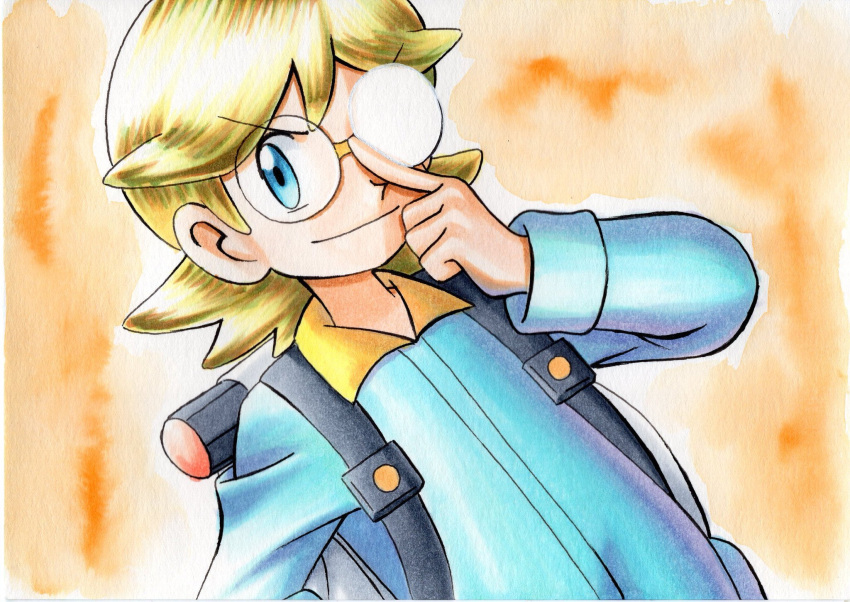 1boy adjusting_eyewear backpack bag bangs blonde_hair blue_eyes blue_jumpsuit clemont_(pokemon) closed_mouth commentary_request glasses grey_bag hand_up highres index_finger_raised long_sleeves male_focus medium_hair oka_mochi opaque_glasses orange_background partially_opaque_glasses pokemon pokemon_(game) pokemon_xy smile solo traditional_media v-shaped_eyebrows