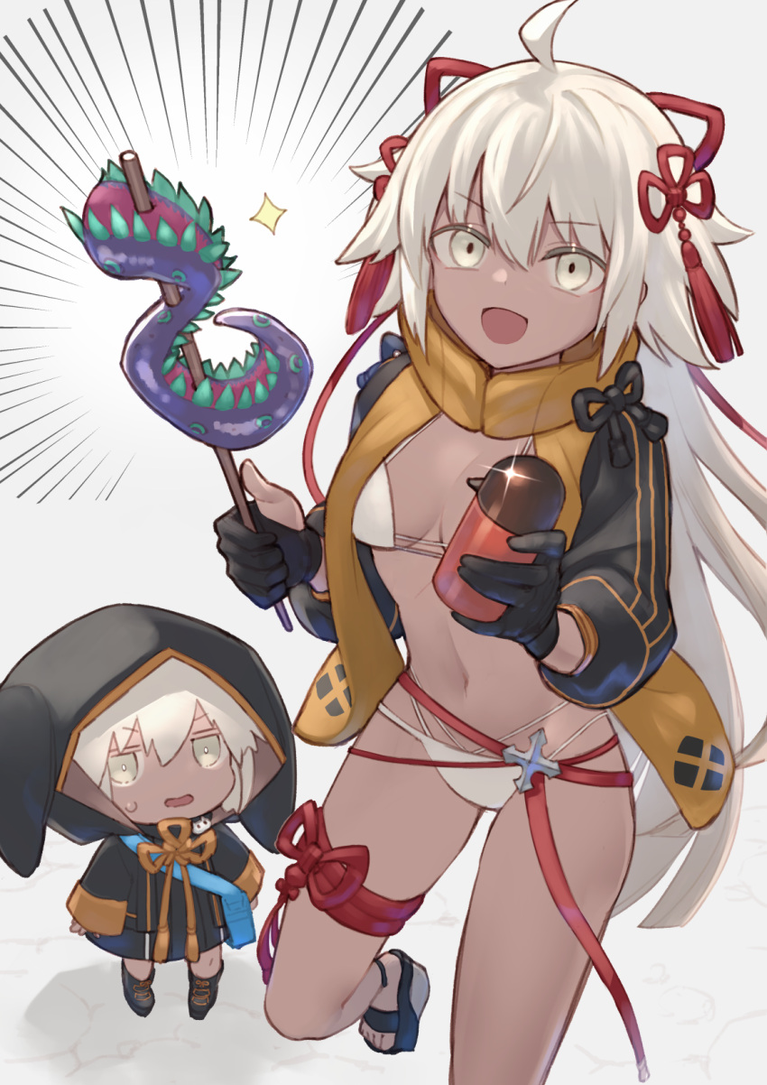 2girls ahoge bangs bikini black_jacket breasts cropped_jacket dark-skinned_female dark_skin fate/grand_order fate_(series) grey_eyes highres hood hooded_jacket jacket long_hair long_sleeves looking_at_viewer medium_breasts multiple_girls navel okita_souji_(alter_swimsuit_saber)_(fate) okita_souji_(fate)_(all) open_mouth orange_scarf rengoku_(fate) romayasu scarf shrug_(clothing) skewer smile swimsuit tassel tentacles thighs very_long_hair white_bikini white_hair