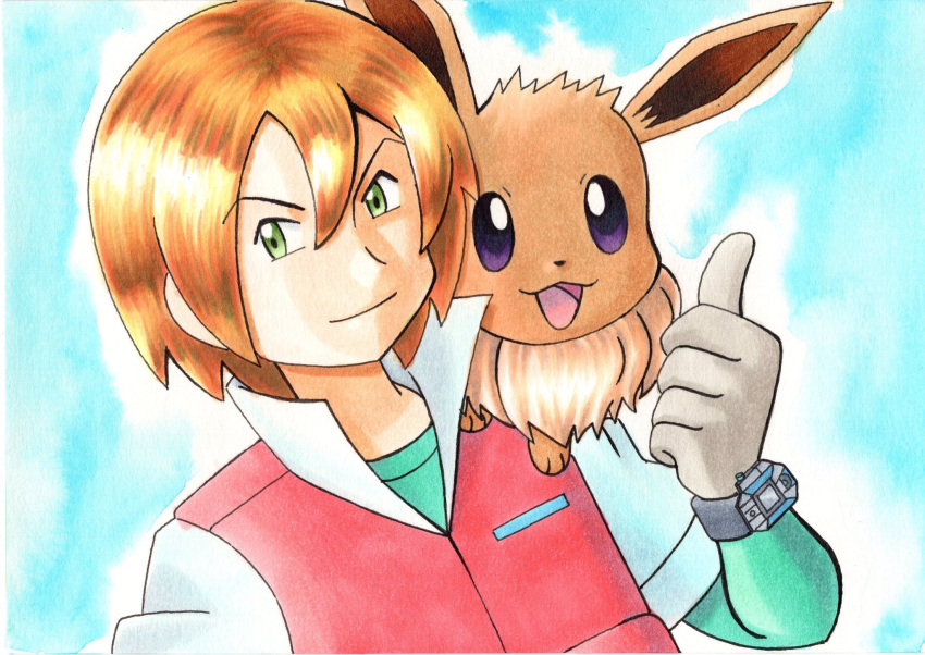 1boy :d bangs blonde_hair blue_background bracelet closed_mouth commentary_request eevee gloves green_eyes green_shirt grey_gloves hair_between_eyes hand_up highres jacket jewelry male_focus oka_mochi on_shoulder open_mouth pokemon pokemon_(anime) pokemon_(creature) pokemon_bw_(anime) pokemon_on_shoulder purple_eyes shirt short_hair short_sleeves smile tongue traditional_media upper_body virgil_(pokemon)
