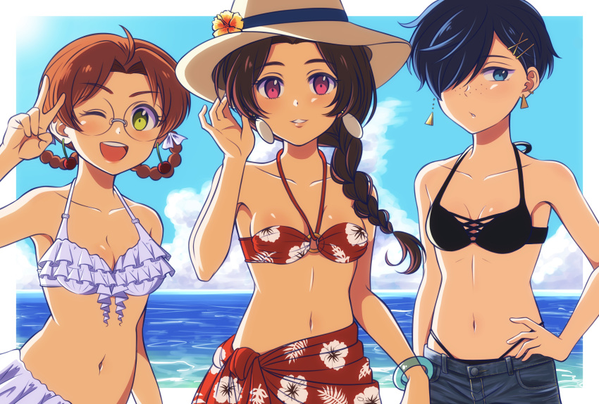 3girls absurdres beach bikini black_bikini blue_eyes blue_hair blue_sky bracelet braid breasts brown_hair day denim denim_shorts earrings floral_print flower freckles frilled_bikini frills genderswap genderswap_(mtf) glasses green_eyes hair_ornament hair_over_one_eye hair_rings hairclip hand_on_hip hat hat_flower highres jewelry jinnai_enta kuji_toi looking_at_viewer medium_breasts mesyoko multiple_girls navel o-ring one_eye_closed outdoors red_bikini red_eyes sarazanmai short_hair shorts sky small_breasts sun_hat swimsuit v yasaka_kazuki