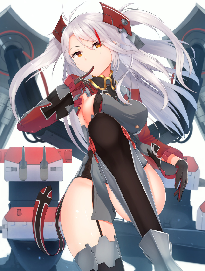 1girl absurdres alternate_costume azur_lane black_gloves black_legwear breasts eyebrows_visible_through_hair finger_to_mouth garter_straps gloves highres large_breasts light_brown_eyes lodbyy long_hair looking_at_viewer looking_away mole mole_on_breast multicolored_hair prinz_eugen_(azur_lane) silver_hair solo thighhighs