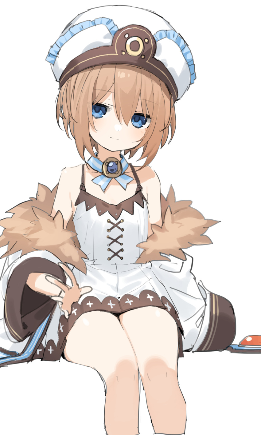 1girl absurdres bangs blanc blue_eyes buran_buta cropped_legs dress eyebrows_visible_through_hair flat_chest foreshortening fur_trim hair_between_eyes hat highres jacket jitome light_brown_hair looking_at_viewer neptune_(series) no_legwear outstretched_arm petite priestess shiny shiny_hair short_hair simple_background sketch smile solo spaghetti_strap white_background white_dress white_headwear white_jacket wide_sleeves