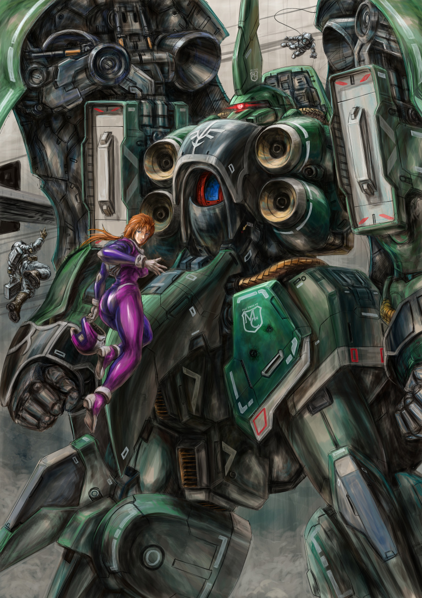 1girl 2others absurdres ass bangs breasts glowing glowing_eye gundam gundam_unicorn headwear_removed helmet helmet_removed highres holding holding_helmet huge_filesize kshatriya long_hair looking_back marida_cruz mecha medium_breasts mobile_suit multiple_others one-eyed open_hand orange_hair pilot_suit purple_eyes red_eyes science_fiction space_helmet spacesuit zandan_zero_to_na!?