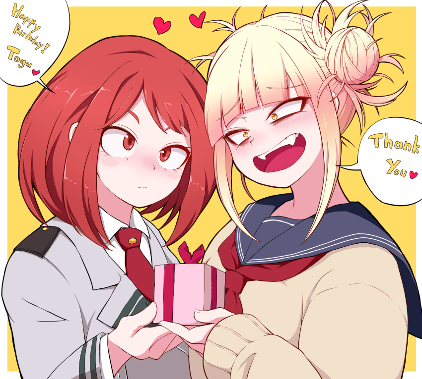 2girls bags_under_eyes bangs birthday blonde_hair blue_sailor_collar blunt_bangs blush boku_no_hero_academia box brown_eyes brown_hair cardigan commentary double_bun english_text eyelashes eyeliner face-to-face fangs gift gift_box gift_wrapping giving hair_up happy_birthday heart highres long_sleeves looking_at_another makeup messy_hair multiple_girls neckerchief necktie okumari open_mouth outside_border red_neckwear red_ribbon ribbon sailor_collar sanpaku school_uniform serafuku short_hair sidelocks slit_pupils smile speech_bubble toga_himiko u.a._school_uniform upturned_eyes uraraka_ochako wavy_mouth yellow_background yellow_cardigan yellow_eyes