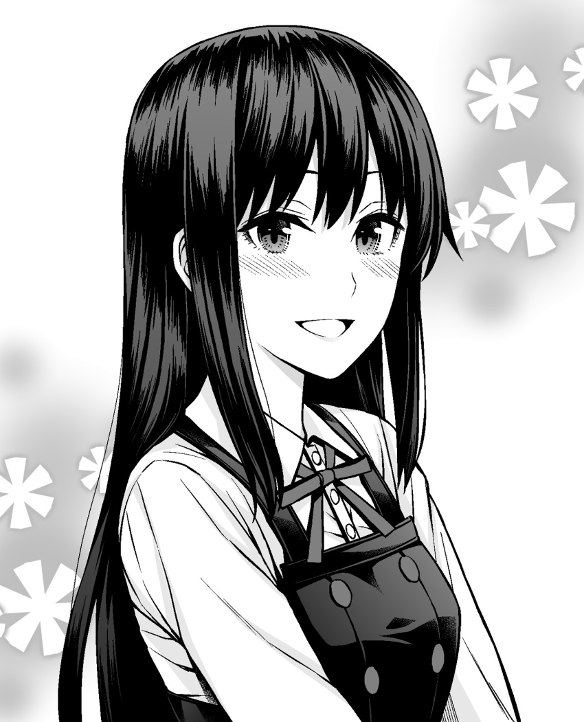 1girl asashio_(kancolle) black_dress black_hair blush commentary_request dress greyscale highres kantai_collection long_hair monochrome neck_ribbon open_mouth partial_commentary pinafore_dress ribbon shirt solo upper_body uron-rei white_shirt