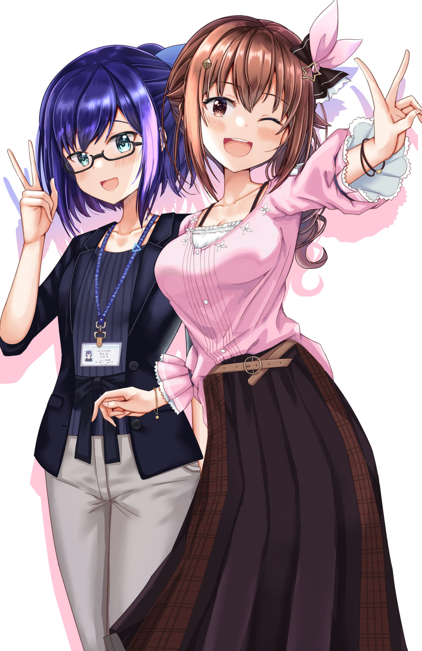 2girls a-chan_(hololive) absurdres bangs belt black-framed_eyewear black_bow black_jacket black_ribbon blue_bow blue_eyes blue_hair blue_shirt blush bow bracelet breasts brown_belt brown_eyes brown_hair brown_skirt collarbone company_name eyebrows_visible_through_hair glasses hair_between_eyes hair_bow hair_ornament hair_ribbon highres hololive id_card jacket jewelry lanyard long_hair long_pants long_skirt long_sleeves looking_at_viewer medium_breasts multiple_girls nootomo official_alternate_costume one_eye_closed open_clothes open_jacket open_mouth pants pink_ribbon pink_shirt ponytail ribbon shirt short_hair simple_background skirt small_breasts smile star_(symbol) star_hair_ornament striped striped_shirt tokino_sora v vertical-striped_shirt vertical_stripes virtual_youtuber waist_bow white_background white_pants