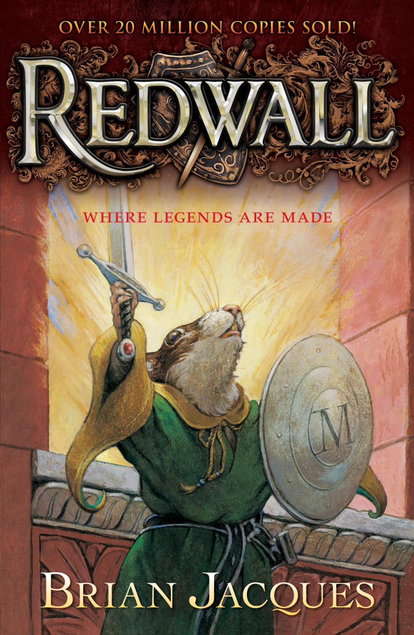 anthro belt book_cover clothed clothing cover english_text fur green_clothing hi_res holding_object holding_shield holding_sword holding_weapon male mammal matthias_(redwall) melee_weapon mouse multicolored_clothing murid murine no_sclera pink_nose redwall rodent shield solo sword text troy_howell two_tone_clothing weapon whiskers white_body white_fur yellow_clothing