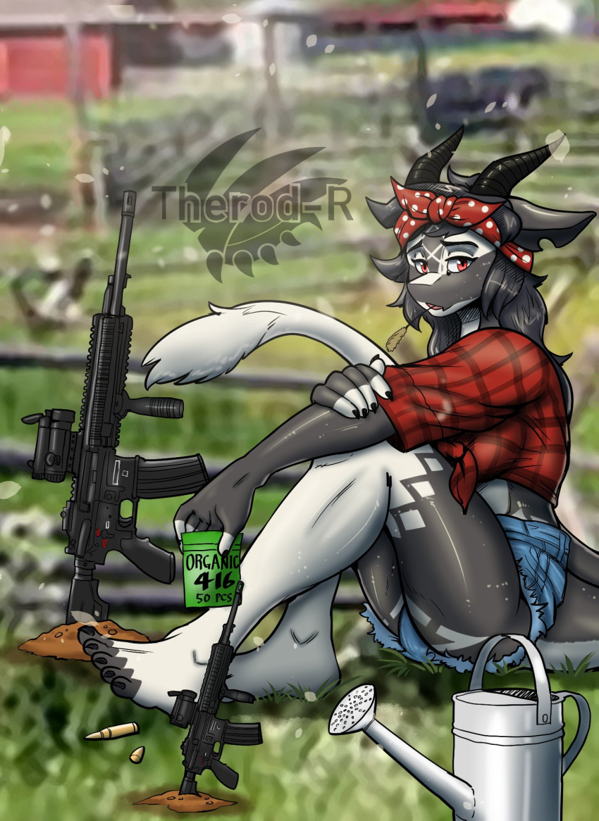 ammunition anthro bottomwear chabett chewing_grass clothing dragon farm female gun hi_res horn plant ranged_weapon red_eyes rifle shirt shorts solo therod-r tied_shirt topwear watering_can watermark weapon