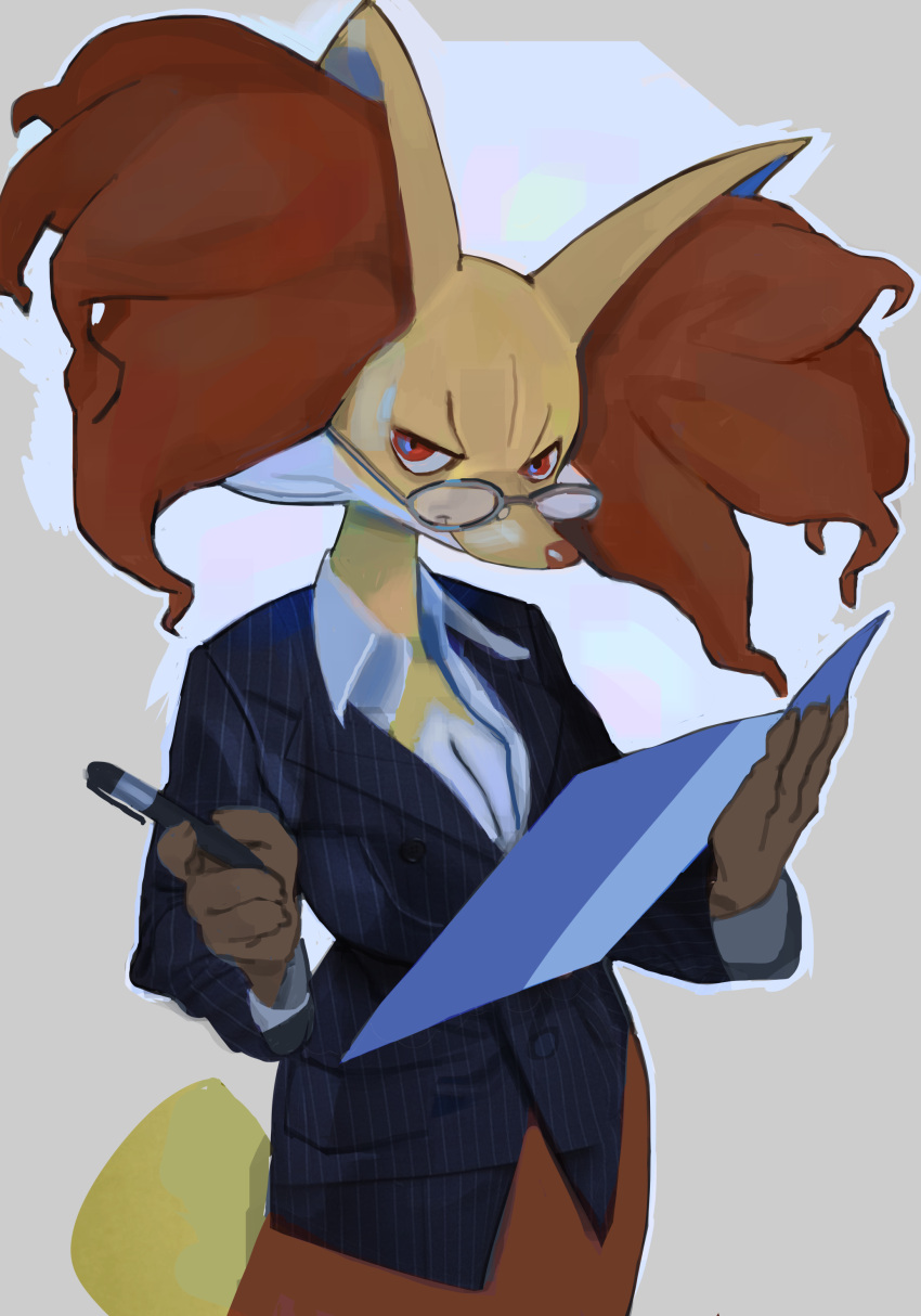 2021 absurd_res anthro breasts canid canine claws cleavage clothed clothing delphox eyewear female folder fox fur glasses grey_background hi_res holding_object inner_ear_fluff looking_up mammal nintendo orange_body orange_fur pen pok&eacute;mon pok&eacute;mon_(species) red_eyes simple_background smile solo suit tuft video_games yellow_body yellow_fur zippyart