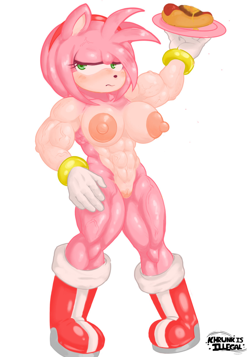 abs amy_rose annoyed_expression anthro big_breasts breasts chili_dog clothing eulipotyphlan female food genitals gloves green_eyes handwear hedgehog hi_res hot_dog khrunkisillegal mammal muscular muscular_female pussy sega solo sonic_the_hedgehog_(series) vein veiny_arms veiny_muscles veiny_skin