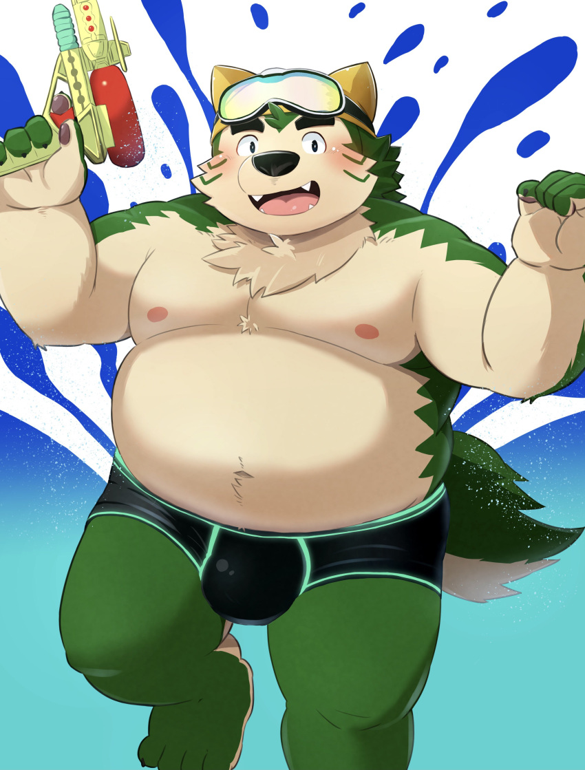 2021 absurd_res anthro belly blush bulge canid canine canis clothing domestic_dog eyebrows eyewear fur goggles green_body green_fur hi_res lifewonders live-a-hero male mammal mokdai navel nipples overweight smile solo swimming_cap swimwear thick_eyebrows video_games water_gun zuboboz