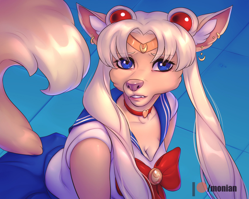 2020 5:4 anthro blue_eyes canid canine clothed clothing ear_piercing eyebrows eyelashes female fox hi_res mammal meme monian piercing sailor_moon_(series) sailor_moon_redraw_challenge solo