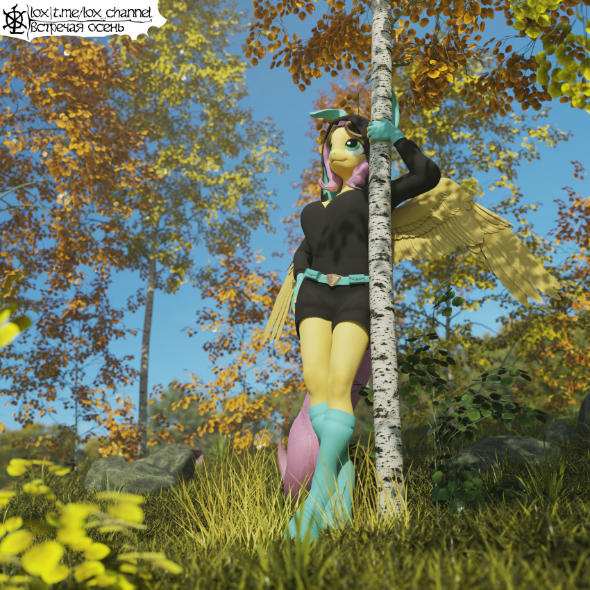 1:1 2021 3d_(artwork) absurd_res anthro belt biped birch bunny_costume clothed clothing costume detailed detailed_background digital_media_(artwork) equid equine eyewear eyewear_on_head feathered_wings feathers female fingerless_gloves fingers fluttershy_(mlp) footwear forest friendship_is_magic full-length_portrait fur gloves goggles grass hair handwear hasbro hi_res horse legwear light lighting lox_(artist) mammal my_little_pony nature outside pegasus pink_hair plant pony portrait russian_text sky smaller_version_at_source smile socks solo standing text topwear translated tree url watermark wings yellow_body yellow_feathers