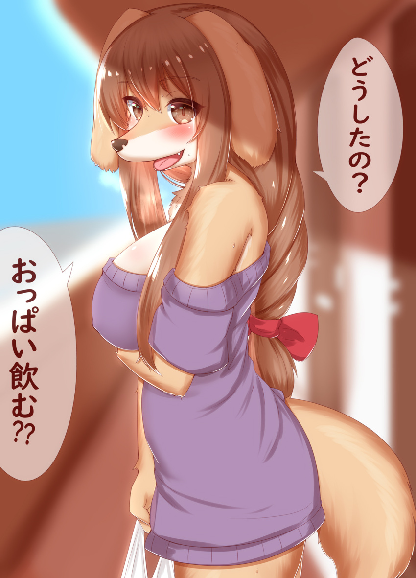 2021 anthro big_breasts blush bodily_fluids breasts brown_eyes brown_hair brown_nose canid canine canis chest_tuft clothed clothing cute_fangs dialogue domestic_dog female floppy_ears fur hair hi_res horokusa0519 huge_breasts japanese_text kemono long_hair looking_at_viewer mammal multicolored_body multicolored_fur nipple_outline off_shoulder open_mouth open_smile smile smiling_at_viewer snout solo speech_bubble sweat sweater talking_to_viewer tan_body tan_fur text tongue tongue_out topwear translated translated_description tuft two_tone_body two_tone_fur white_body white_fur